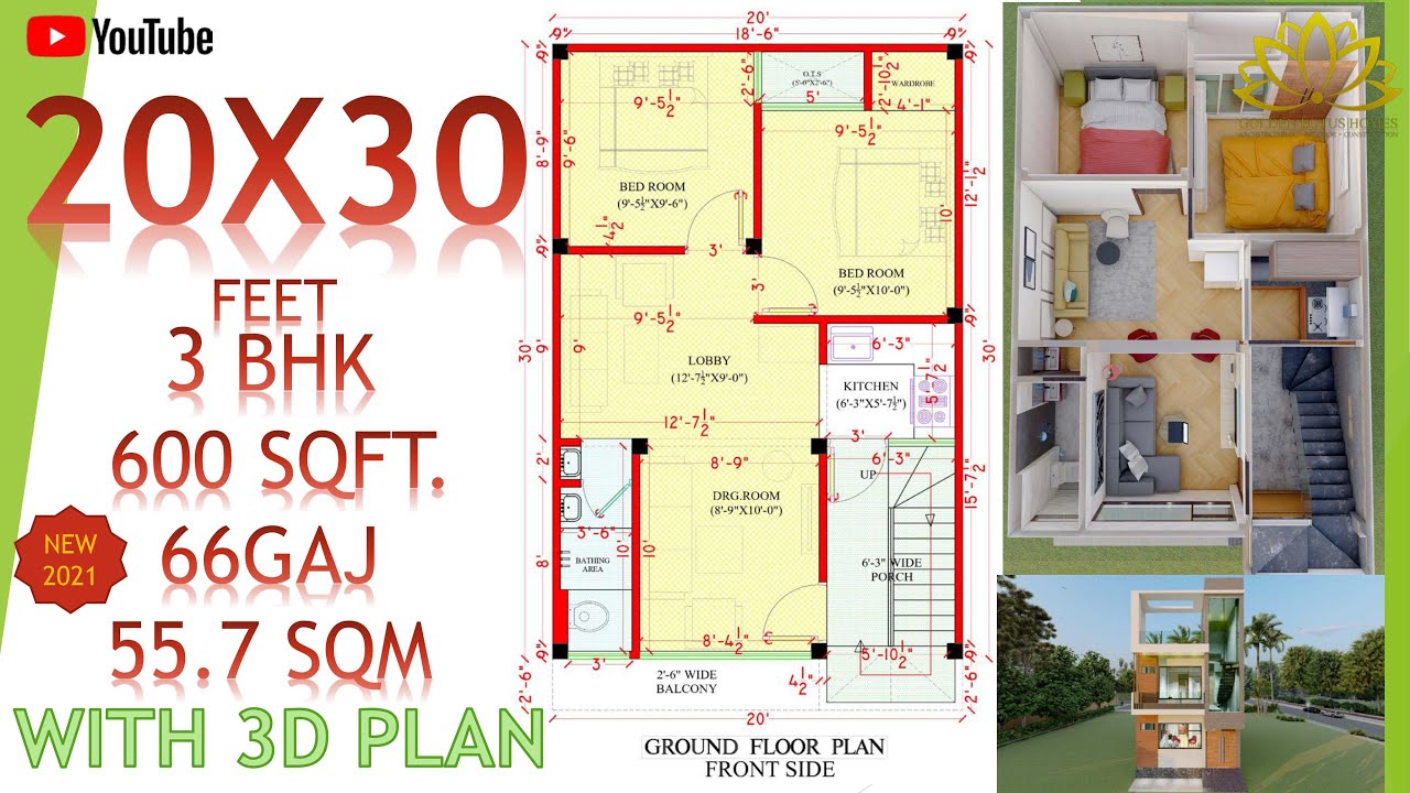 20x30 house plan with 2bhk and 3d elevation /600sqft/66gaj/55.7 sqm/THE ...