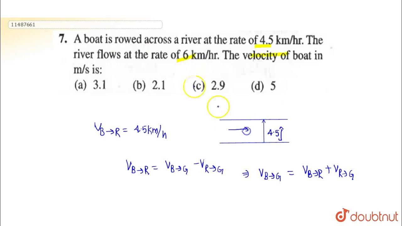 A boat is rowed across a river at the rate of `4.5(km)/(hr)`. The river
