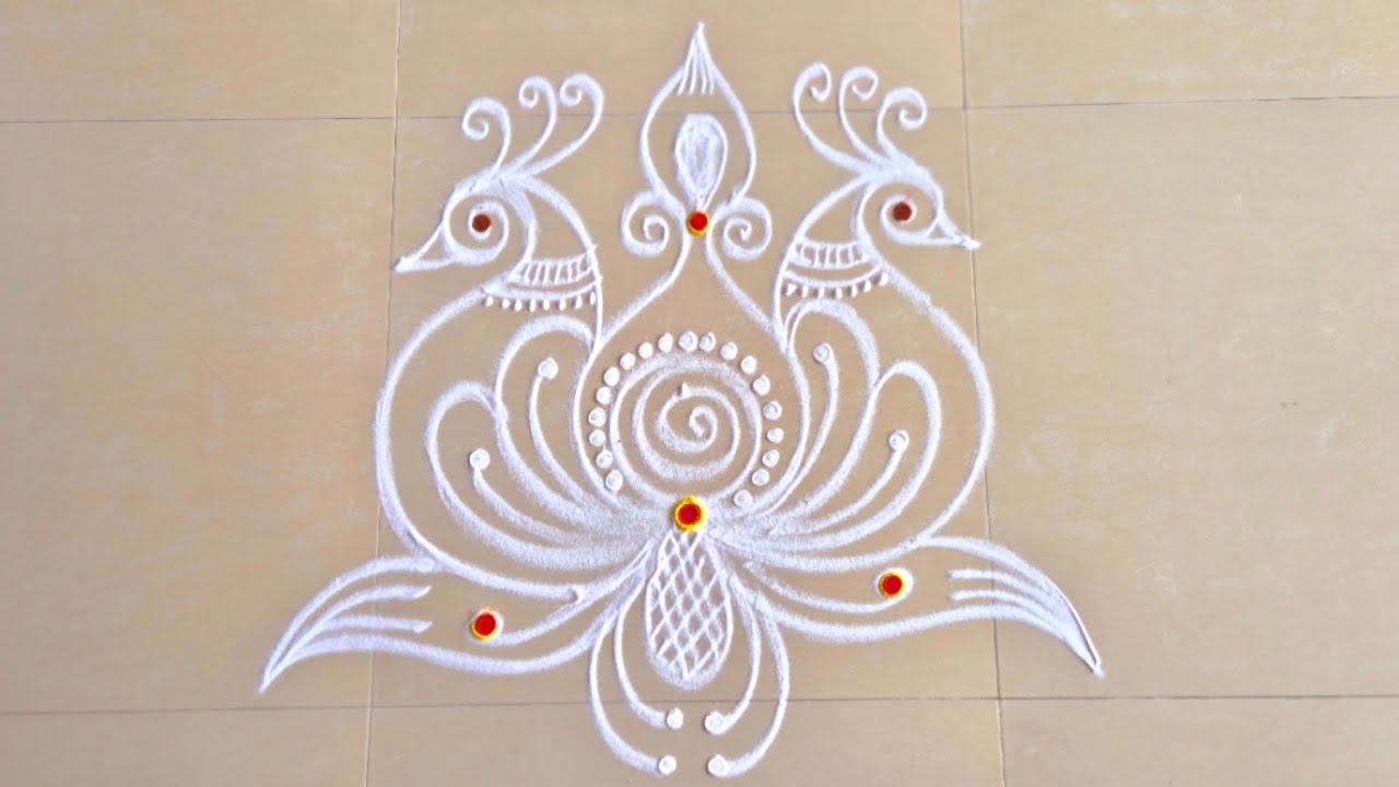 ##Saraswati pooja rangoli/#Aayutha pooja rangoli/Apartment rangoli for beginners/Peacock rangoli