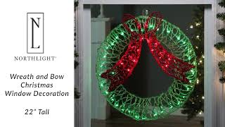 Lighted Wreath and Bow Christmas Window Decoration - 22" | Northlight GV94140 | Northlight