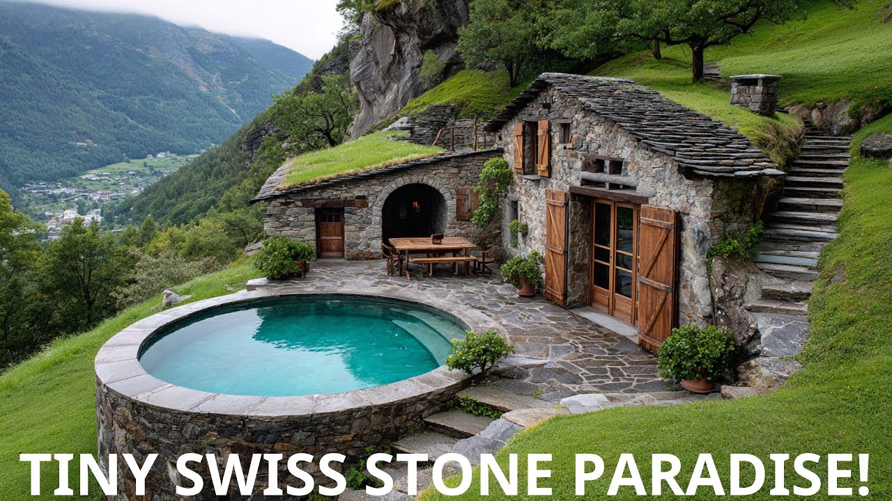 Tiny Swiss Stone House on a Hill with Round Pool – Peaceful Design Overlooking Green Valley Views