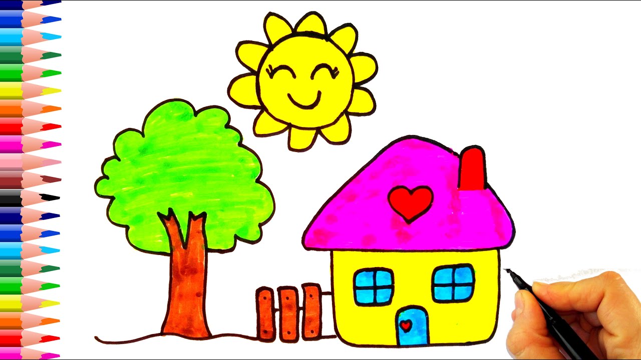 cok kolay ev agac ve gunes cizimi how to draw a house tree and sunny aesthetic desktop wallpaper drawings draw