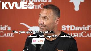 Texas football coach Steve Sarkisian reacts to AP Top 25 preseason poll