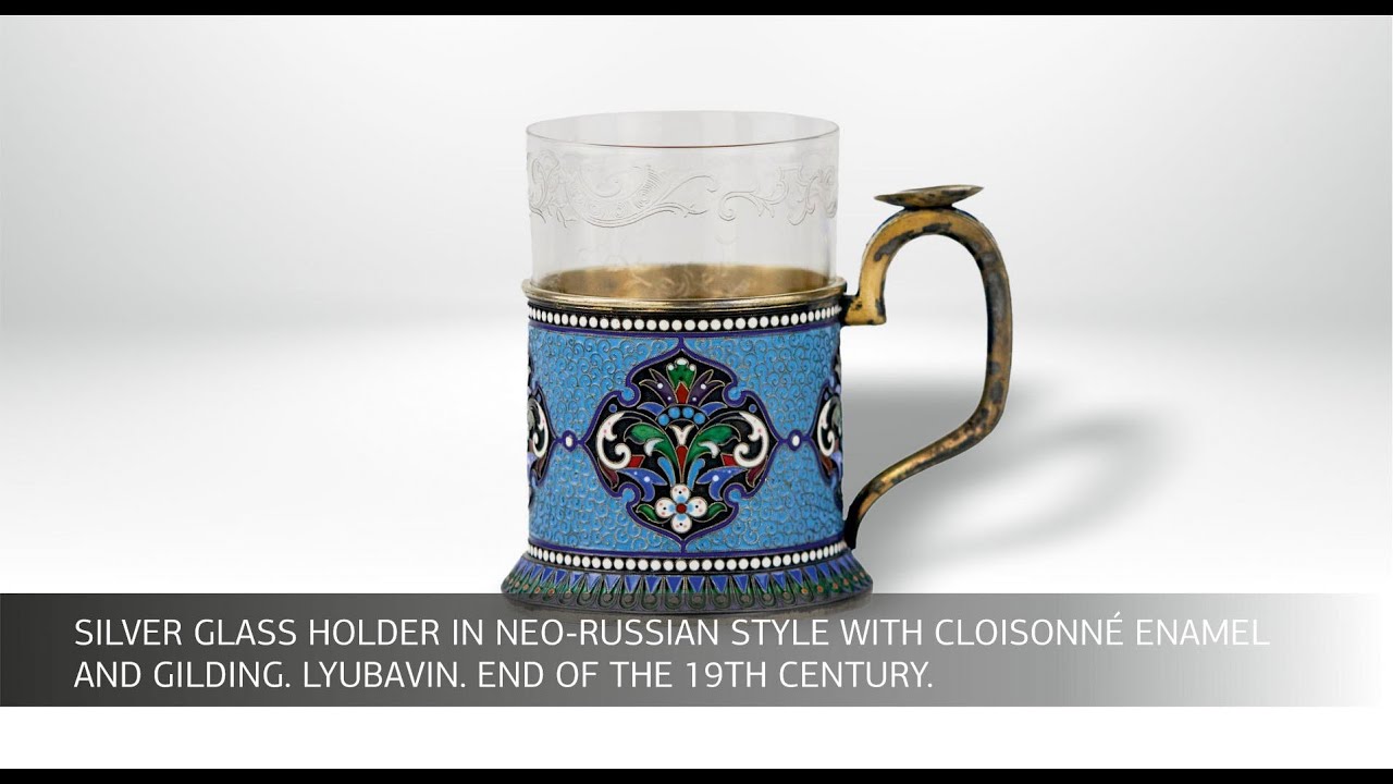 Silver glass holder in neo-Russian style with cloisonné enamel. Lyubavin. End of the 19th century.