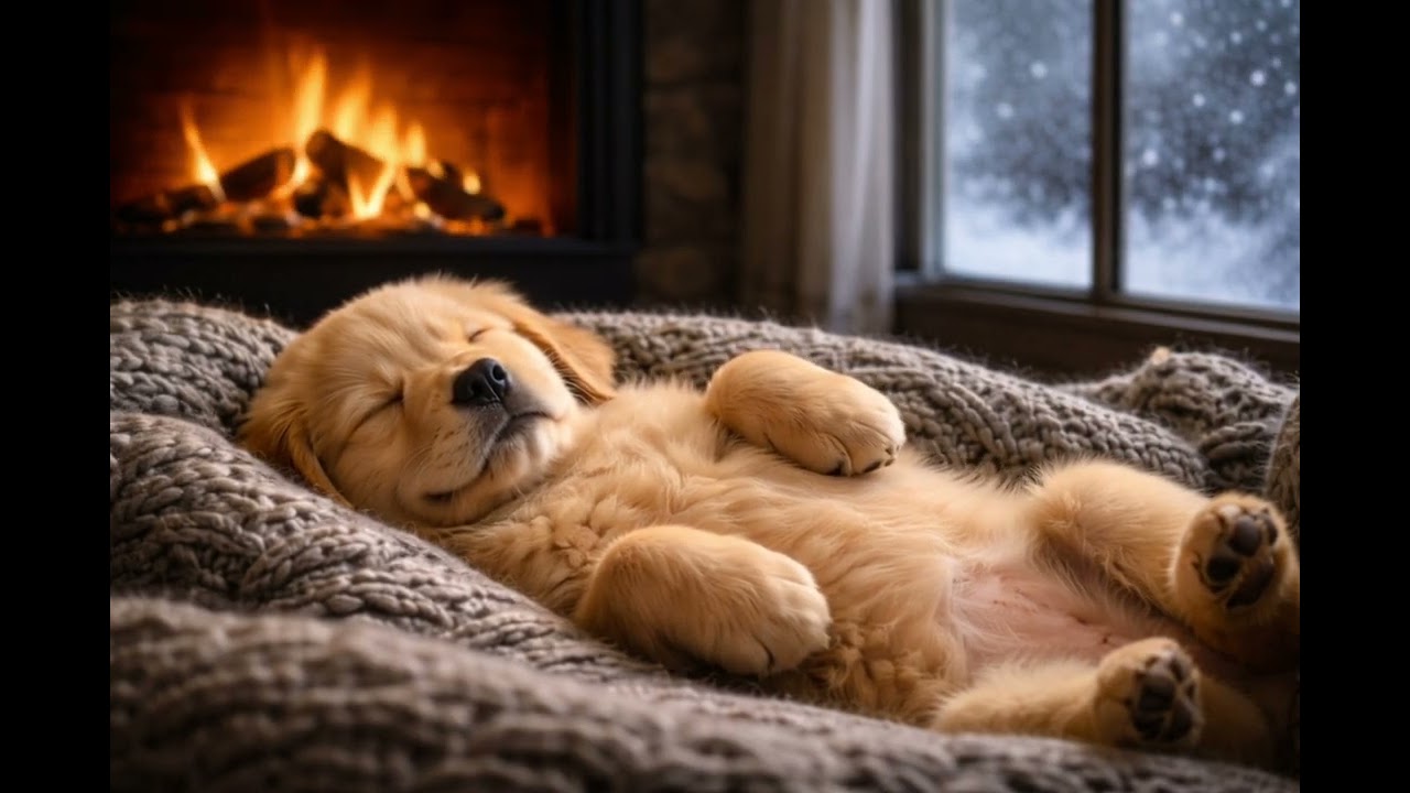 Cozy Winter Night with Sleeping Puppy | Fireplace Ambience for Deep Sleep