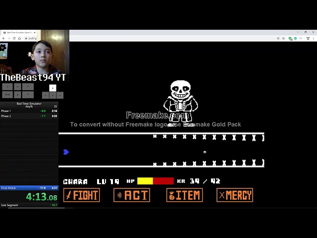 So, after many attempts in the Bad Time Simulator (can't bring myself to do  genocide), I finally beat sans. I'd like to share me beating his last attack  here. It's not perfect