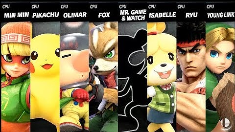 Min Min VS Pikachu VS Olimar VS Fox VS Mr. Game & Watch VS Isabelle VS Ryu VS Young Link Smash