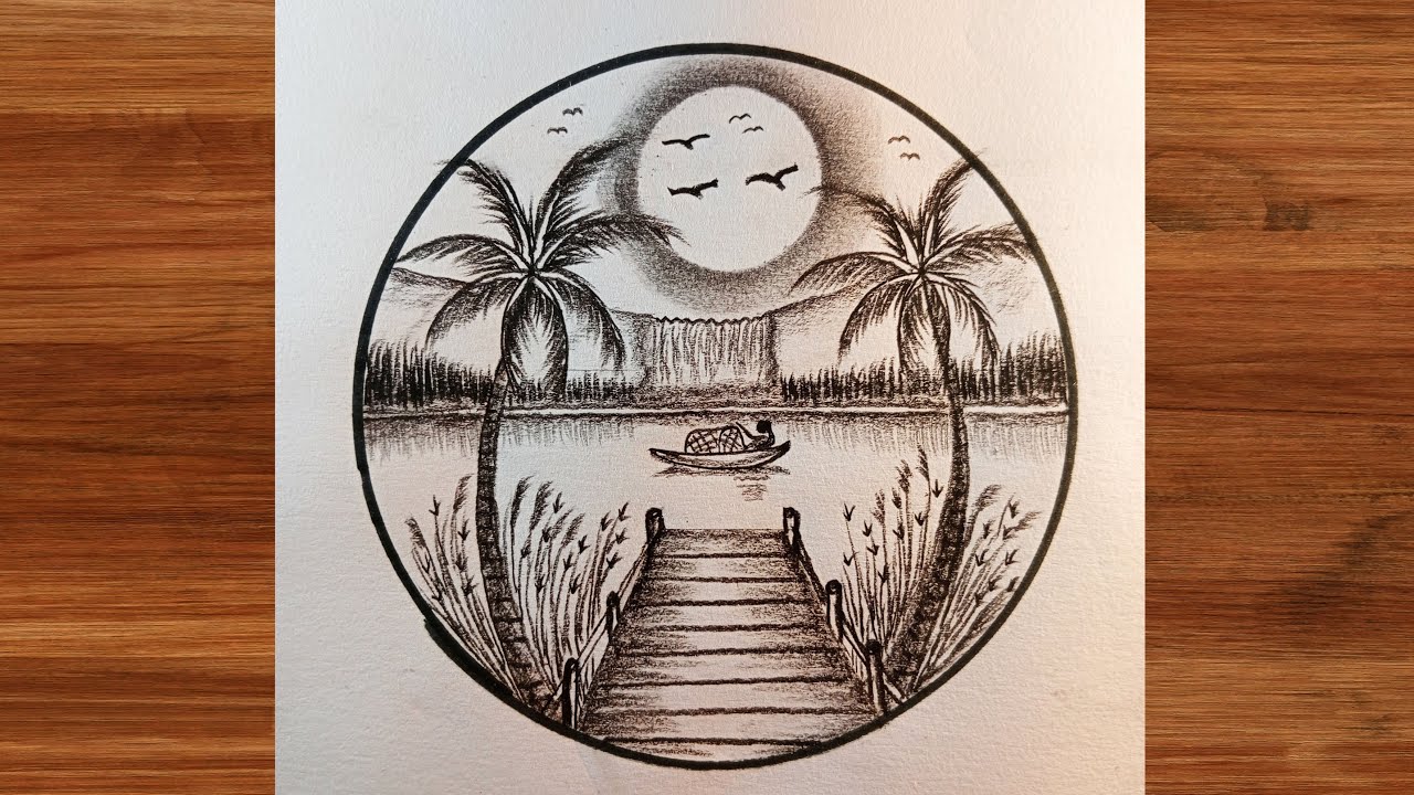 How to draw amazing perspective river view landscape scenery | Step by ...