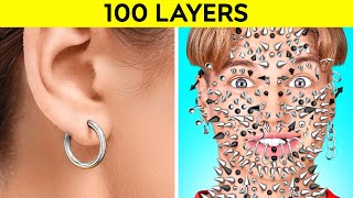 100 LAYERS CHALLENGE || 1000 Coats of Piercing, Nails, Tattoo, Makeup! DARE GAME by 123 GO!CHALLENGE