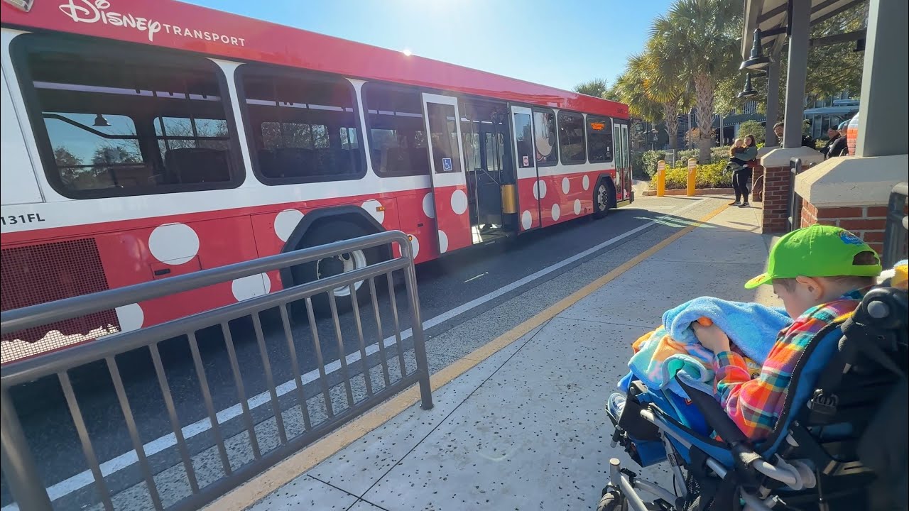 Kayden on Minnie Mouse Bus Ramp at Disney Springs and off at Polynesian Resort Bus Stop #bus #disney