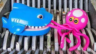 SHARK BITES OCTOPUS! RECYCLING SQUISHY TOYS WITH SHREDDER MACHINE!