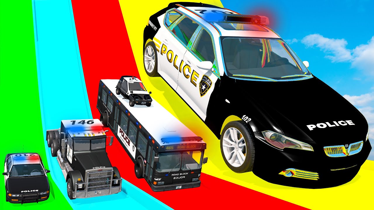 Giant & Small Police Car vs Portal Trap with Slide Colors – Cars vs Trains – BeamNG.Drive
