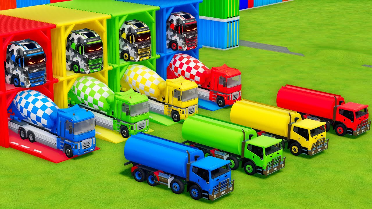 Garage with Colors - ALL MIXER TRUCK WITH DOUBLE FLATBED TRAILER TRUCK, VOLVO, RENAULT, MACK - FS22