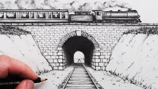 How to Draw using 1Point Perspective: Train Track and Tunnel