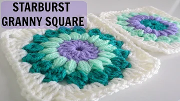 Close-up of a vibrant Starburst Granny Square, showing its textured center and square border.