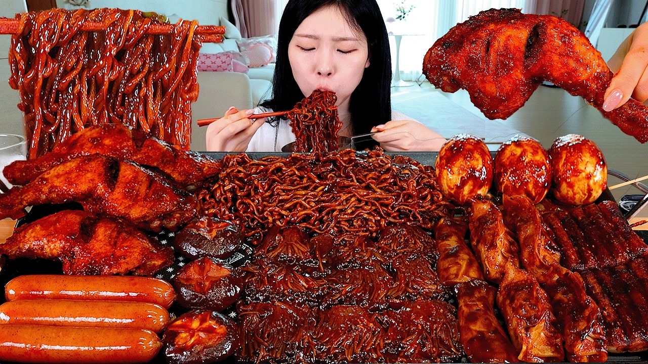 ASMR MUKBANG| 직접 만든 불닭 짜장 버섯 양념치킨 소세지 파김치 먹방 & 레시피 SPICY MUSHROOMS AND FIRE NOODLES EATING