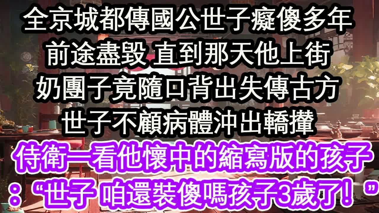全京城都傳國公世子癡傻多年前途盡毀 直到那天他上街奶團子竟隨口背出失傳古方世子不顧病體沖出轎攆侍衛一看他懷中的縮寫版的孩子：“世子 咱還裝傻嗎孩子3歲了！”【花開】【愛情】【生活】