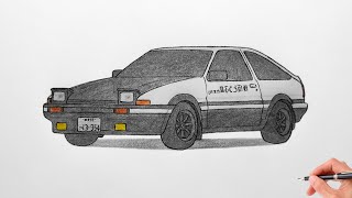 How to draw a TOYOTA COROLLA AE86 HACHIROKU initial d / drawing toyota trueno ae86 levin 1983