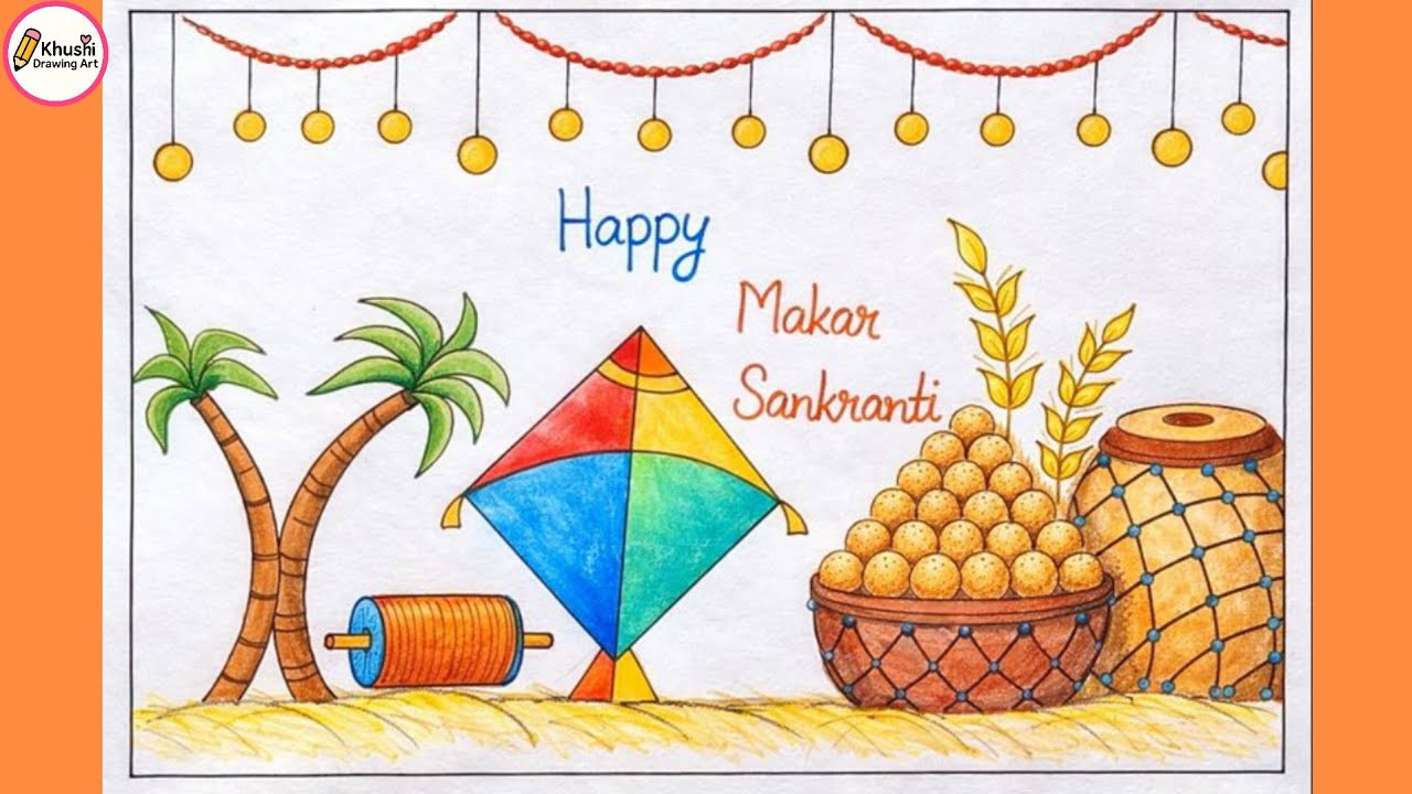 Makar Sankranti Poster Drawing | Colourful Sankranti Special Drawing