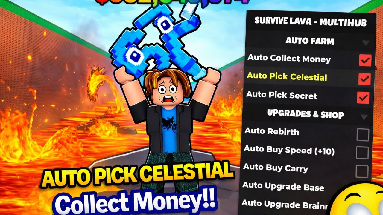 Survive LAVA For Brainrots Script - Pick Celestial and Secret, Collect Money, Rebirth, Buy Speed