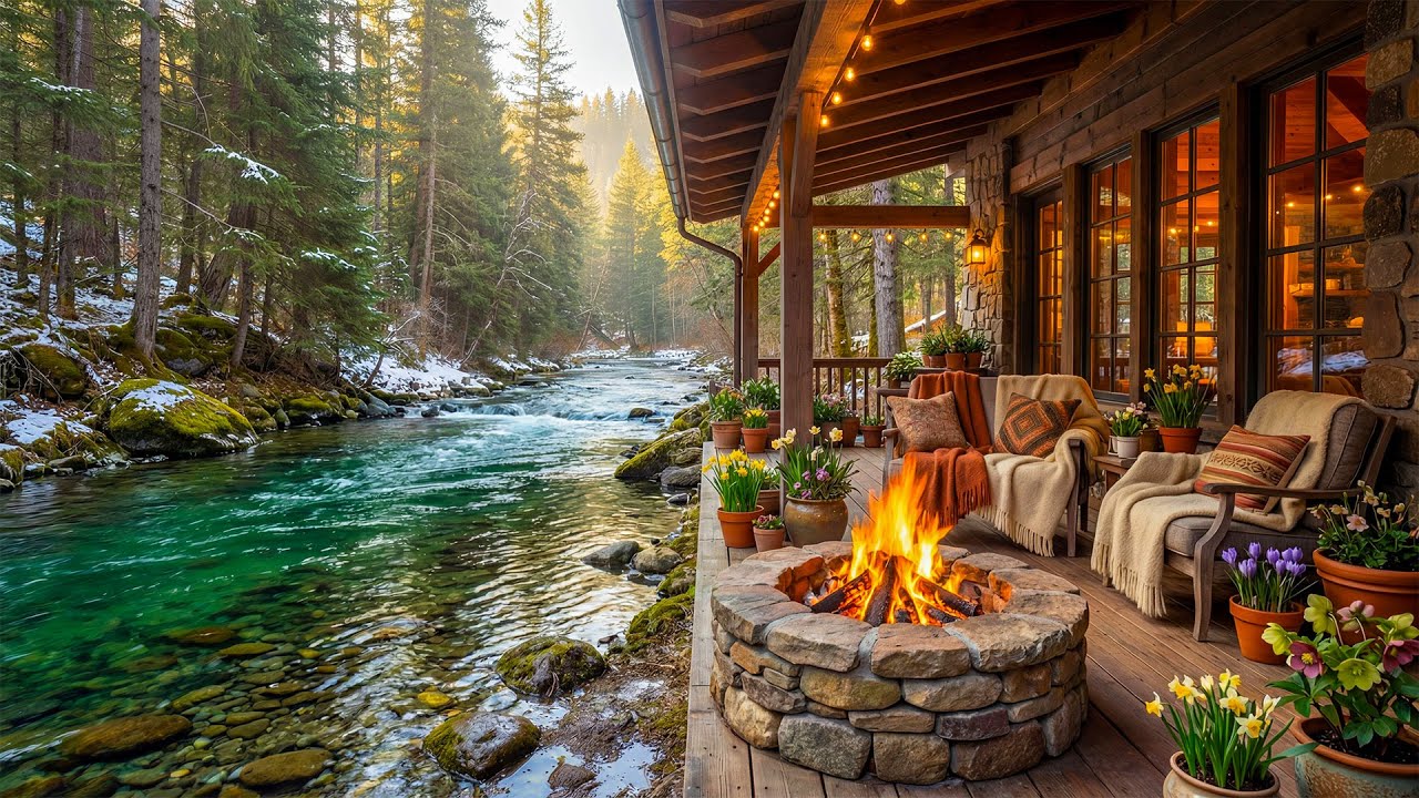 Cozy Riverside Cabin Porch 🌲🔥 Crackling Fire Pit, Flowing River ...