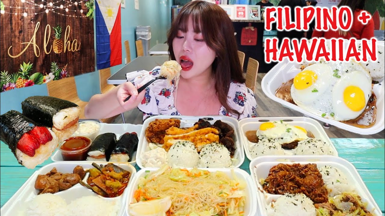 FILIPINO & HAWAIIAN FOOD MUKBANG 먹방 in Las Vegas! Chicken Adobo, Pinakbet, Pancit, Loco Moco, Musubi