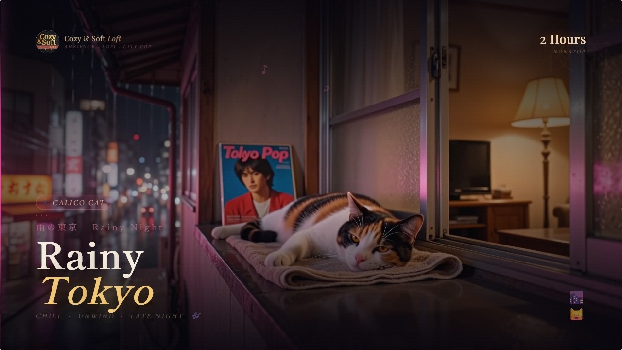 Calico Cat on a Rainy Tokyo Night 🌆🐱 | 2 Hours Japanese City Pop Lofi — Study, Relax & Unwind