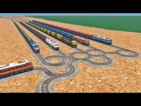 SIX CRAZY TRAINS CROSSING AT BUMPY CIRCLE FORKED RAILROAD TRACKS | BeamNG.Drive - Train simulator
