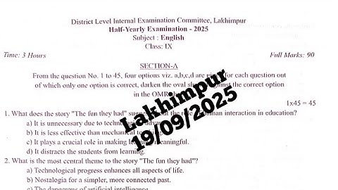Lakhimpur District Half Yearly Examination 2025|Class 9|English question paper with solved MCQs|IX
