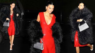 Kendall Jenner In Red Sequin Dress And Dramatic Fur Coat For Night Out On Christmas Eve
