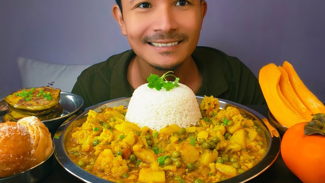 Eating Aloo Gobhi Matar ki sabji | Baingan bhaja | Sweet Khaja | balushahi  | persimmon | papaya 