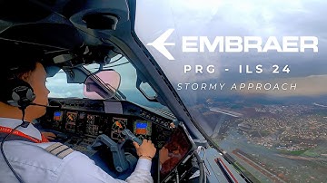 PRAGUE | EMBRAER 195 LANDING COCKPIT VIEW - HEAVY RAIN