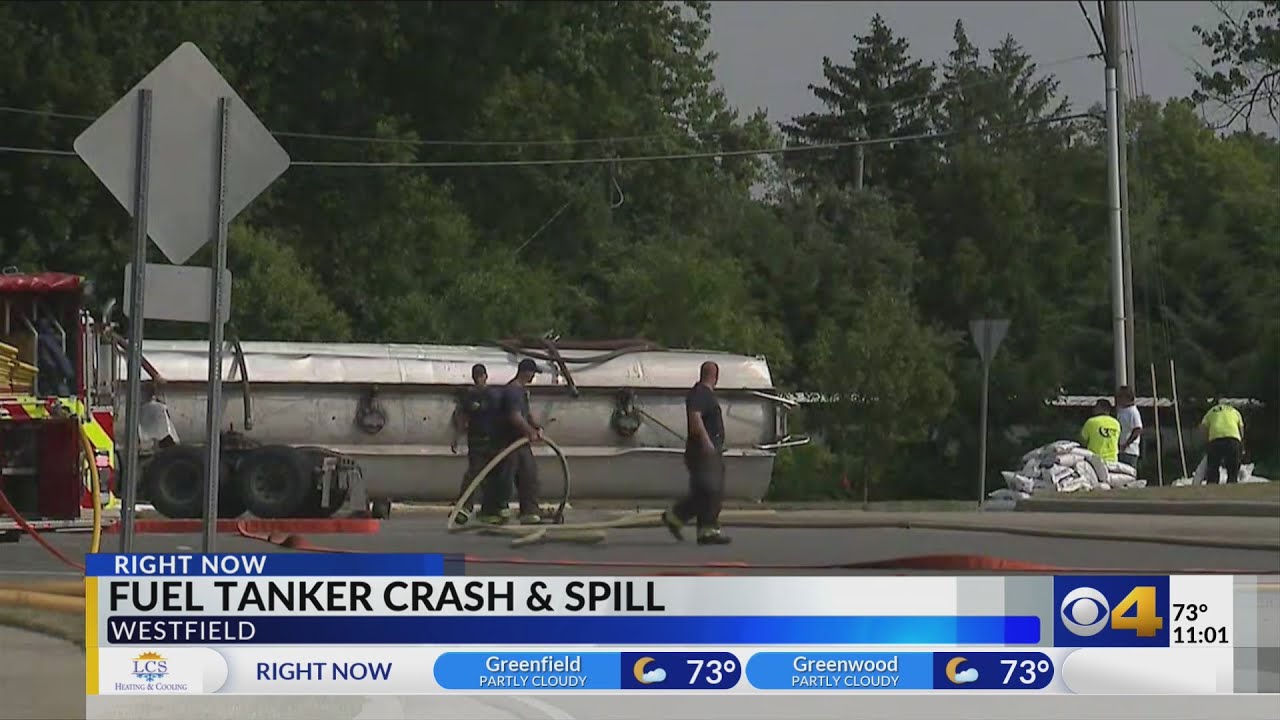 Overturned tanker spills hundreds of gallons of fuel in Westfield - YouTube