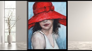 Lady in Red Hat /Acrylic /Step by Step Acrylic Painting on Canvas /MariArtHome
