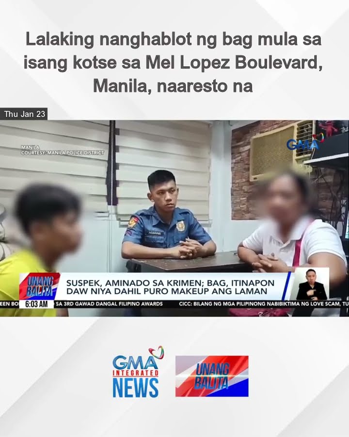 Lalaking nanghablot ng bag mula sa isang kotse sa Mel Lopez Boulevard, Manila,... | Unang Balita