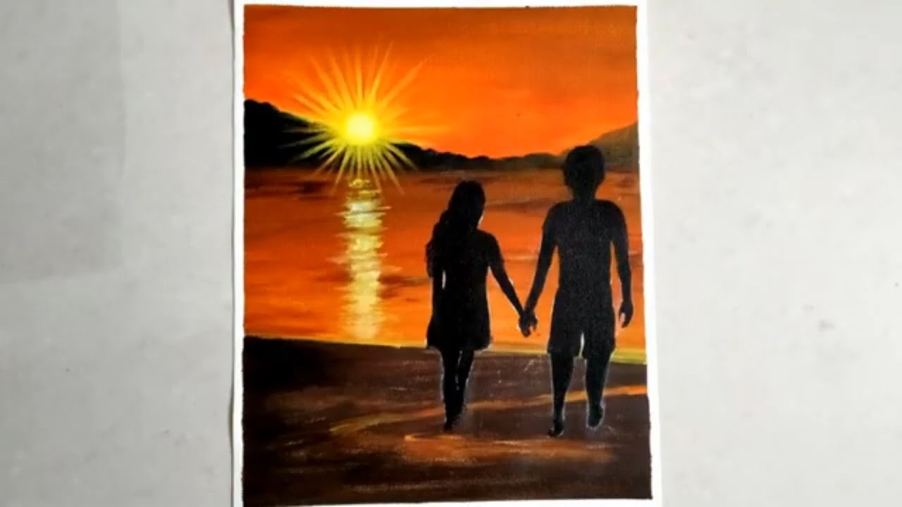 A Romantic couple on sea beach painting Loving couple. Sunset scenery painting.||FaZe ART||