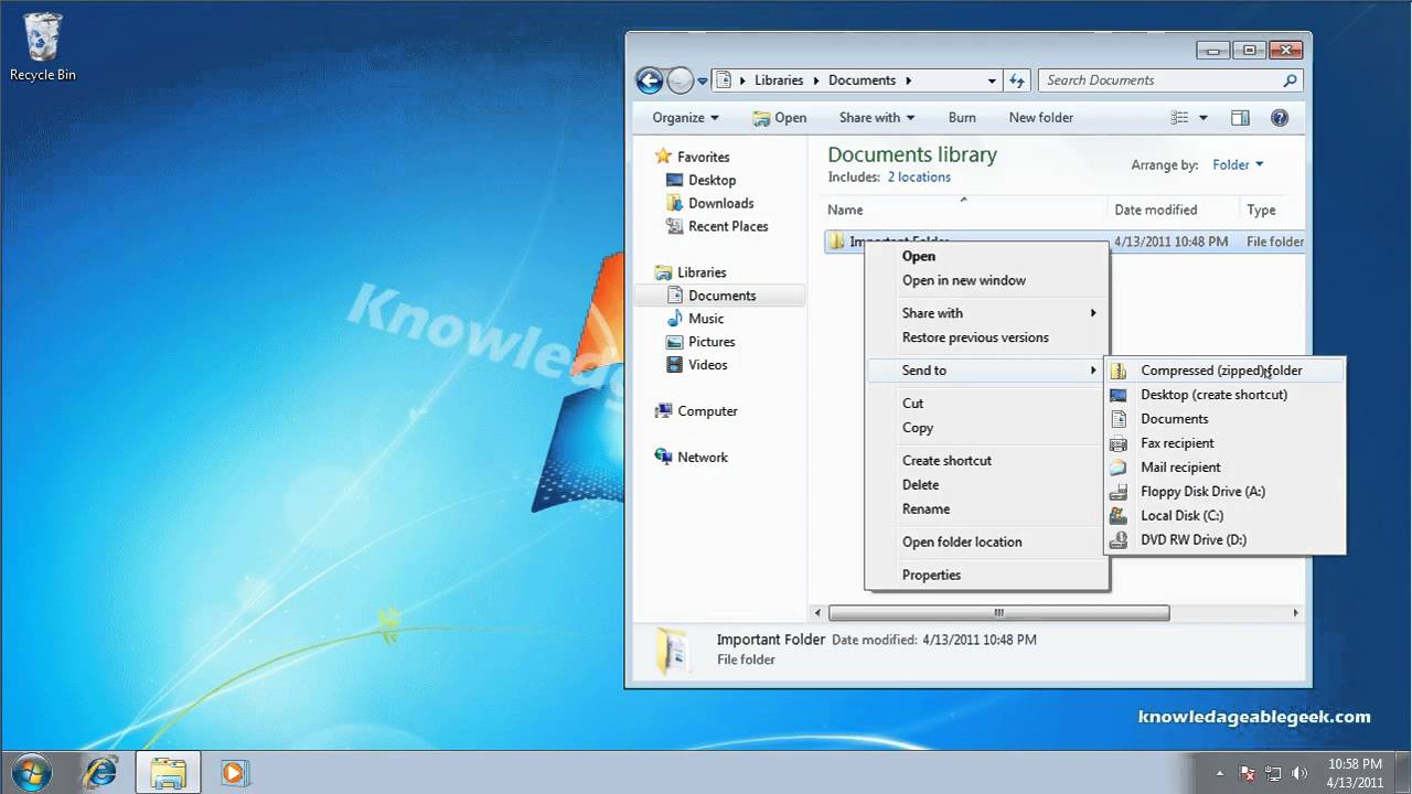 come comprimere una cartella di file in Windows 7