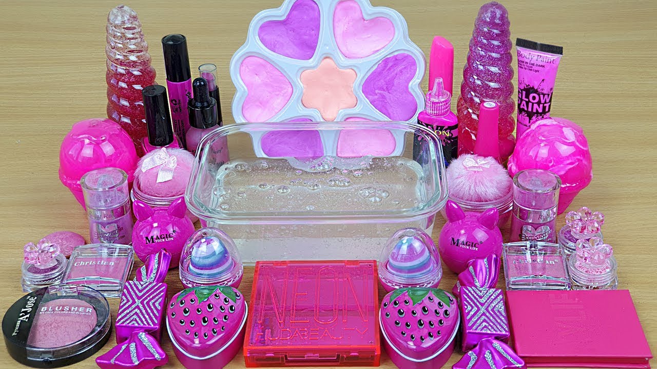 Neon Pink Slime Mixing makeup and glitter into Clear Slime Satisfying Slime  Videos 