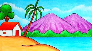 How to draw easy scenery drawing/ scenery drawing with oil pastel color/ landscape drawing