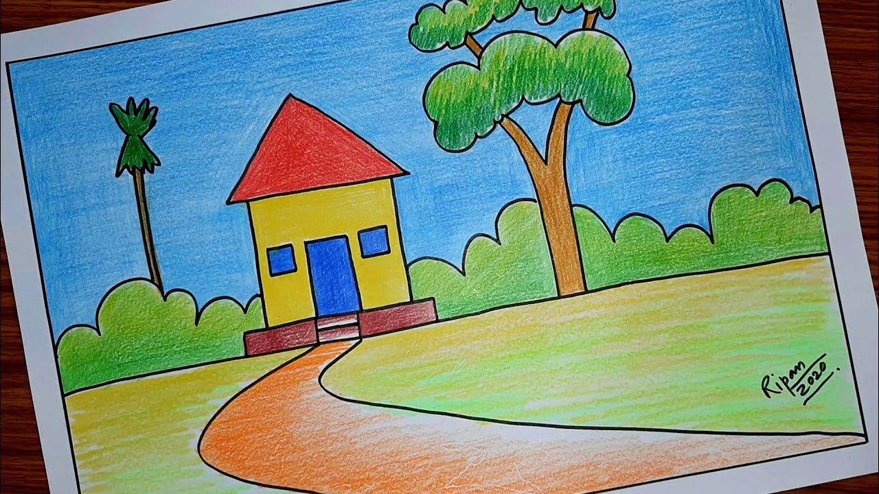 Simple Scenery Drawing Easy Step By Step/Crayon Colour Drawing For ...