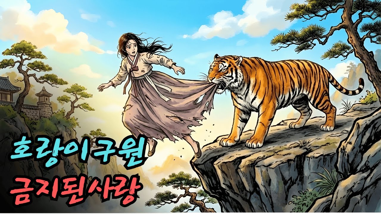 절벽에서 뛰어내린 소녀를 호랑이가 구해주고, 소녀와 호랑이 사이에 사랑 이야기가 피어난다. | 민담 | 전설 | 설화 | 옛날이야기
