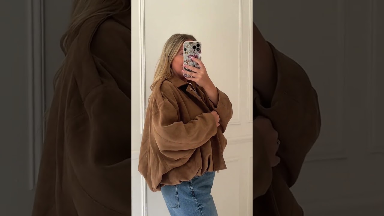 Oversized Faux Suede Bomber Jacket in Tan & Chocolate – Balloon Sleeves, Luxe Texture