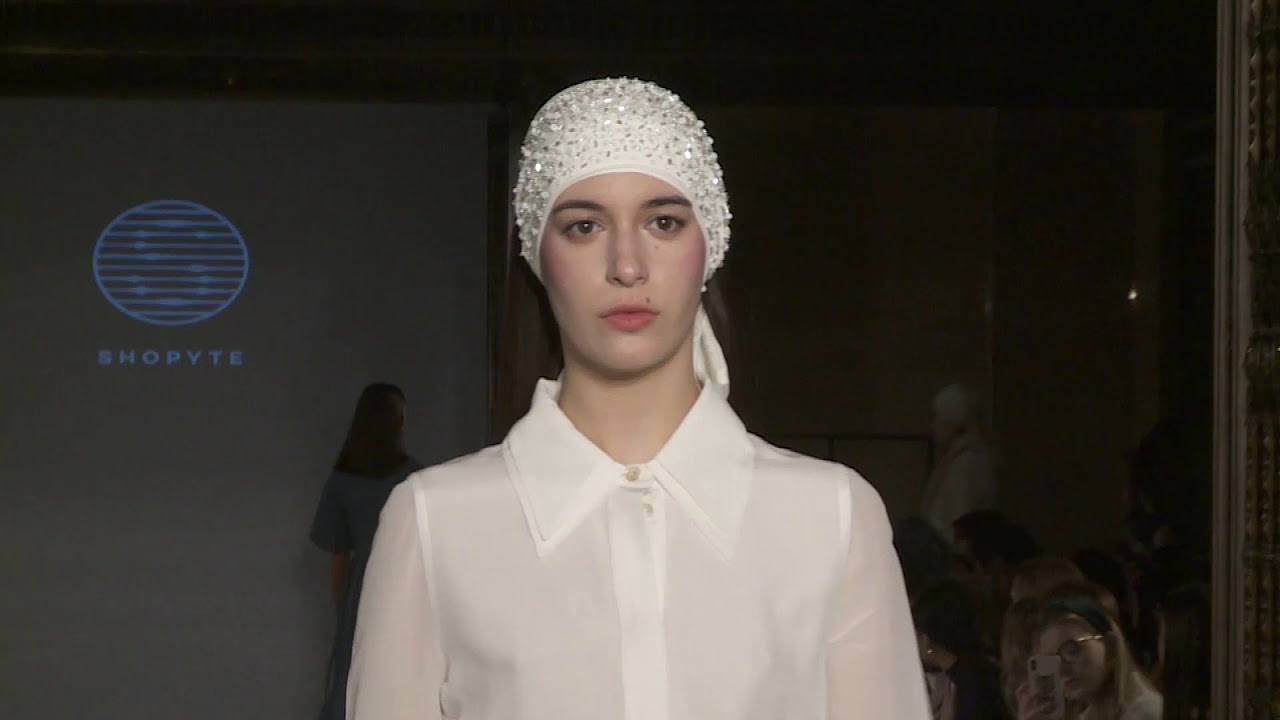 Egg Shell Silk Shirt and Pigeon Blue Virgin Wool Skirt @ London Fashion Week AW 19 / 20