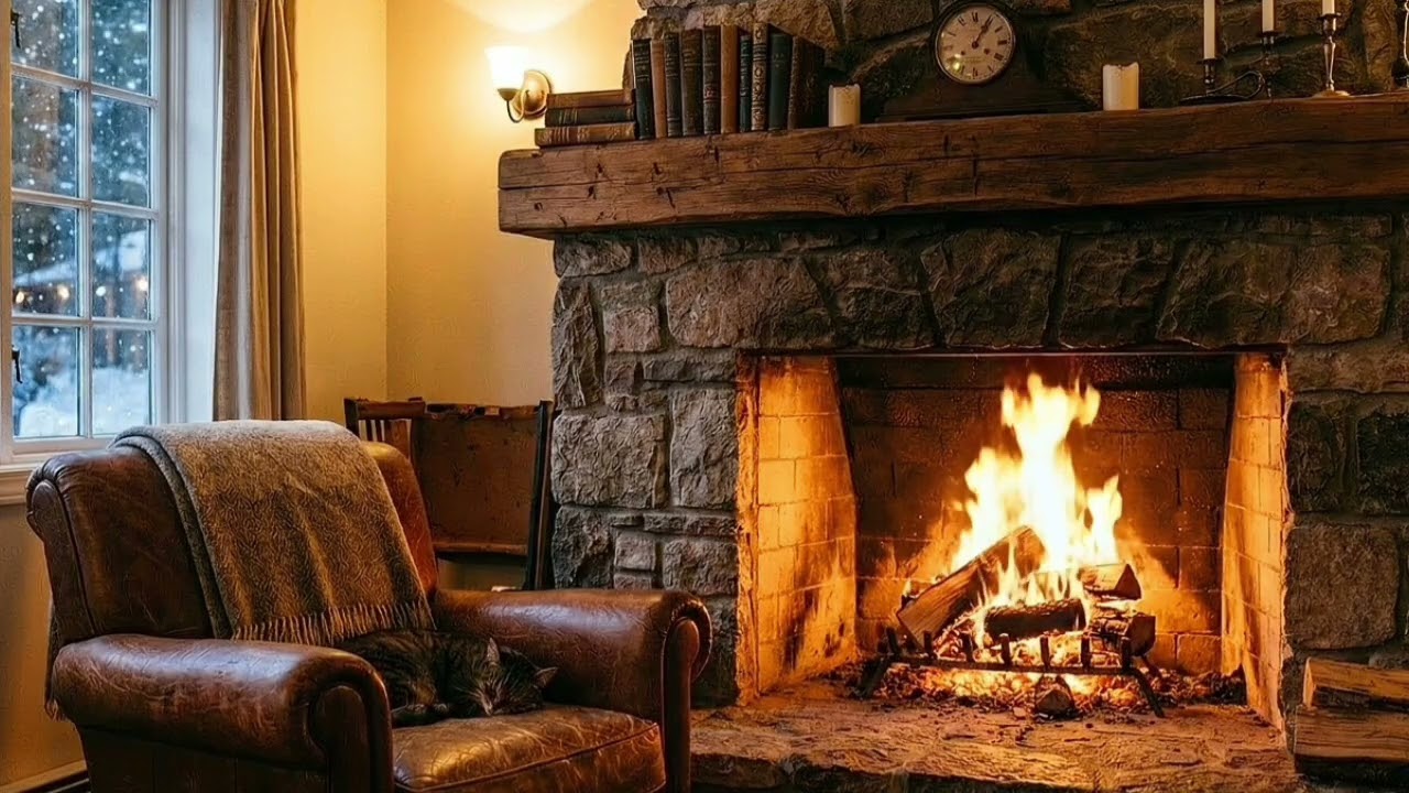 Cozy Fireplace Living Room in Winter Cabin – Warm & Rustic Home Interior Inspiration