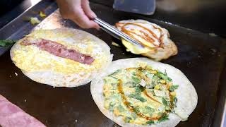 Traditional Taiwanese breakfast near Taipei Main Station, egg pancake roll, rice balls.台北車站 嘉園早餐