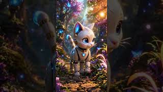 Robot cat walking in magical forest, colorful trees