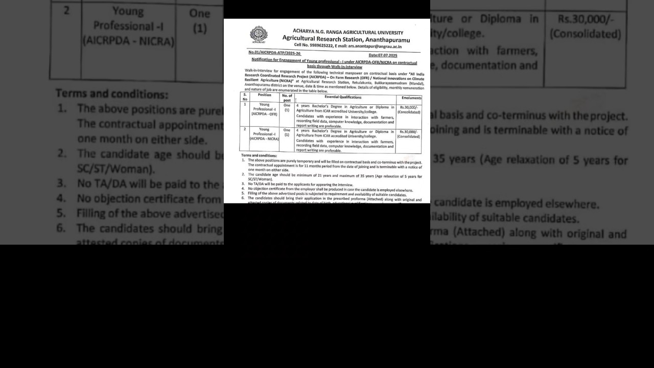 walk in interview for young professional, rekulakunta- ANGRAU 