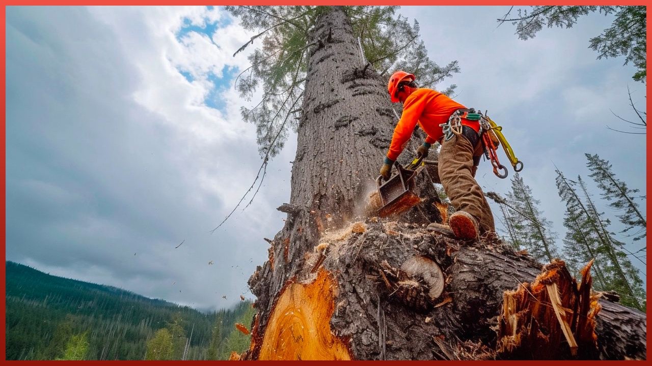⁣Cutting Down a Giant Pine Tree 60 Years Old & 20 Meters Tall | by @jrebollogalceran
