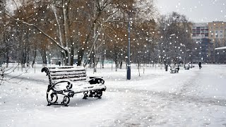 Beautiful snowfall in the city, winter atmosphere.  Nice background music for relaxation.