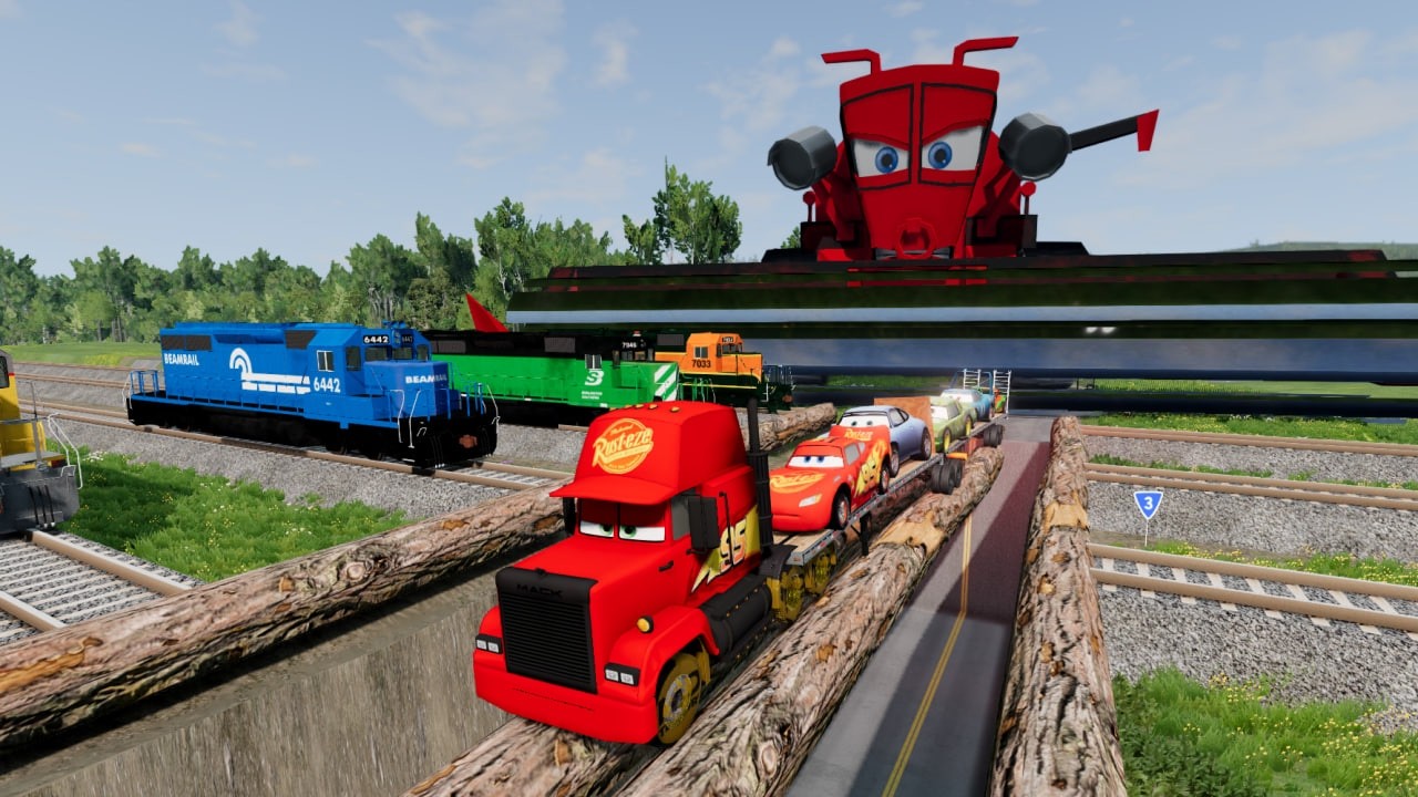 Triple Flatbed Trailer McQueen Transportation with Truck - Speedbumps vs Cars vs Train - BeamNG
